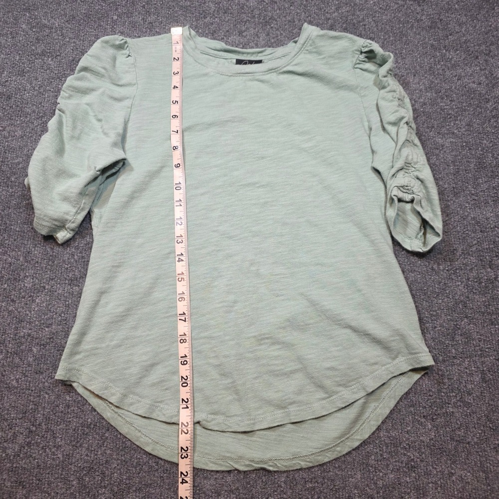 Oak & Trellis Womens M Sage Green Slub Knit Ruched Puff 3/4 Sleeve Crew Neck Top - Picture 9 of 12